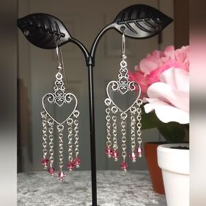 Handmade Silvertone Heart Dangle Earrings with Preciousa Crystals Pink